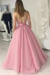 Grey Pink Spaghetti Straps Ball Gown Prom Dress