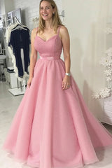 Grey Pink Spaghetti Straps Ball Gown Prom Dress