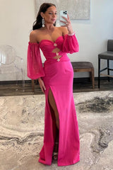 Hot Pink Off The Shoulder Detachable Sleeves Long Prom Dress
