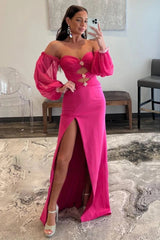 Hot Pink Off The Shoulder Detachable Sleeves Long Prom Dress