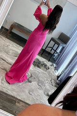 Hot Pink Off The Shoulder Detachable Sleeves Long Prom Dress