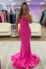 Hot Pink Spaghetti Straps Mermaid Long Prom Dress
