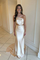 Ivory Satin One Shoulder Mermaid Satin Cut Out Long Prom Dress