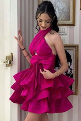 Keyhole Halter A-Line Tiered Ruffles Fuchsia Homecoming Dress with Bow