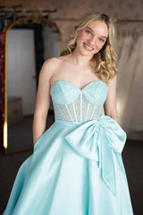 Light Blue Corset Sweetheart Long Prom Dress with Pocket