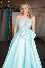 Light Blue Corset Sweetheart Long Prom Dress with Pocket