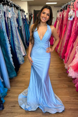 Light Blue Mermaid Halter Ruched Long Prom Dress