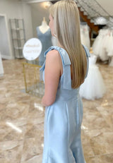 Light Blue Satin Spaghetti Straps Column Long Prom Dress