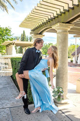 Light Blue Satin Spaghetti Straps Sheath Long Prom Dress with Slit