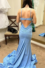 Light Blue Spaghetti Strap Mermaid Prom Dress with Slit