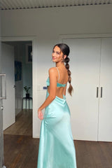 Light Blue Spaghetti Straps Sheath Backless Satin Long Prom Dress