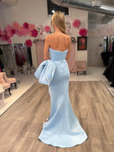 Light Blue Sweetheart Mermaid Satin Long Prom Dress with Bow