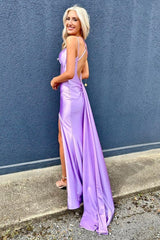 Lilac Spaghetti Straps Sheath Satin Long Corset Prom Dress with Slit