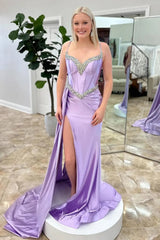 Lilac Spaghetti Straps Sheath Satin Long Prom Dress with Slit