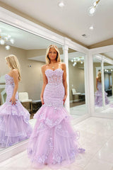 Lilac Sweetheart Mermaid Applique Ruffled Long Prom Dress