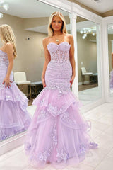 Lilac Sweetheart Mermaid Applique Ruffled Long Prom Dress