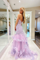 Lilac Sweetheart Mermaid Applique Ruffled Long Prom Dress
