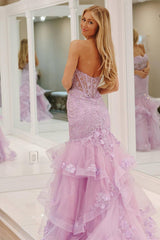 Lilac Sweetheart Mermaid Applique Ruffled Long Prom Dress