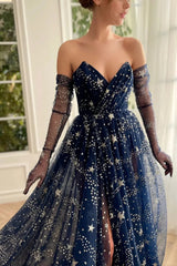 Navy Blue A-Line Strapless Long Sleeves Lace Prom Dresses with High Slit