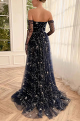Navy Blue A-Line Strapless Long Sleeves Lace Prom Dresses with High Slit