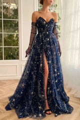 Navy Blue A-Line Strapless Long Sleeves Lace Prom Dresses with High Slit
