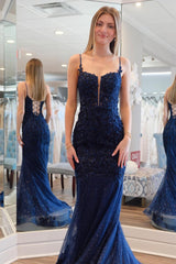 Navy Spaghetti Straps Mermaid Applique Long Prom Dress