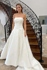 A-Line Strapless Ivory Sweep Train Princess Bride Dress with Applique
