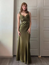 Olive Green Spaghetti Straps Sheath Satin Long Prom Dress