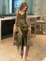 Olive Green Spaghetti Straps Sheath Satin Long Prom Dress
