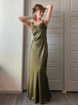 Olive Green Spaghetti Straps Sheath Satin Long Prom Dress