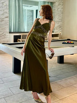 Olive Green Spaghetti Straps Sheath Satin Long Prom Dress