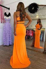 Orange Mermaid One Shoulder Long Prom Dress with Slit