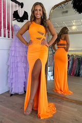 Orange Mermaid One Shoulder Long Prom Dress with Slit