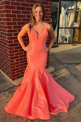 Orange Mermaid Spaghetti Straps Satin Long Prom Dress