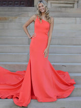 Orange One Shoulder Satin Mermaid Long Prom Dress with Sleeveless