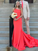 Orange One Shoulder Satin Mermaid Long Prom Dress with Sleeveless