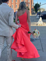 Orange One Shoulder Satin Mermaid Long Prom Dress with Sleeveless