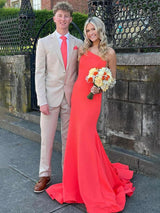 Orange One Shoulder Satin Mermaid Long Prom Dress with Sleeveless