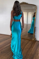 Peacock Blue One Shoulder Satin Mermaid Cut Out Long Prom Dress