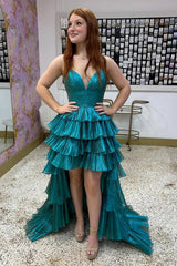 Peacock Green High-Low Ruffled A Line Long Prom Dress