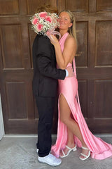 Pink Halter Mermaid Satin Long Prom Dress with Slit