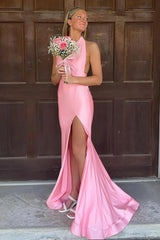 Pink Halter Mermaid Satin Long Prom Dress with Slit