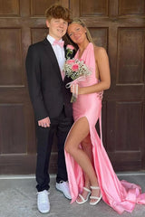 Pink Halter Mermaid Satin Long Prom Dress with Slit