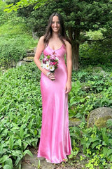 Pink Satin Spaghetti Straps Sheath Backless Long Prom Dress