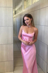 Pink Satin Spaghetti Straps Sheath Long Prom Dress