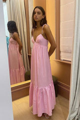 Pink Spaghetti Straps A-Line Long Prom Dress