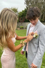 Pink Spaghetti Straps Sheath Satin Long Prom Dress with Slit