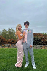 Pink Spaghetti Straps Sheath Satin Long Prom Dress with Slit