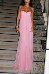 Pink Strapless A-Line Tulle Long Prom Dress