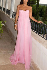 Pink Strapless A-Line Tulle Long Prom Dress